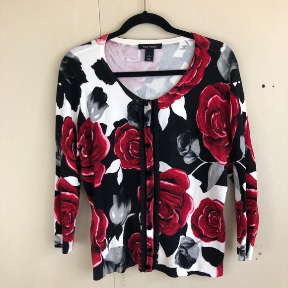 White House Black Market Sweaters - WHBM Rose Pattern Cardigan w/Velvet Trim.